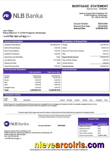 Montenegro NLB Banka Podgorica mortgage statement Word and PDF template